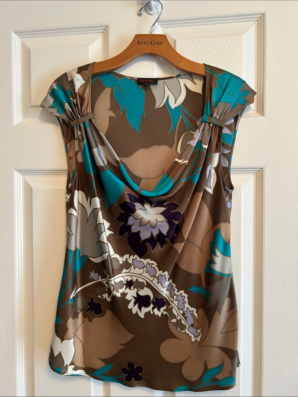 Escada Brown Teal Floral Cowl Neck Camisole